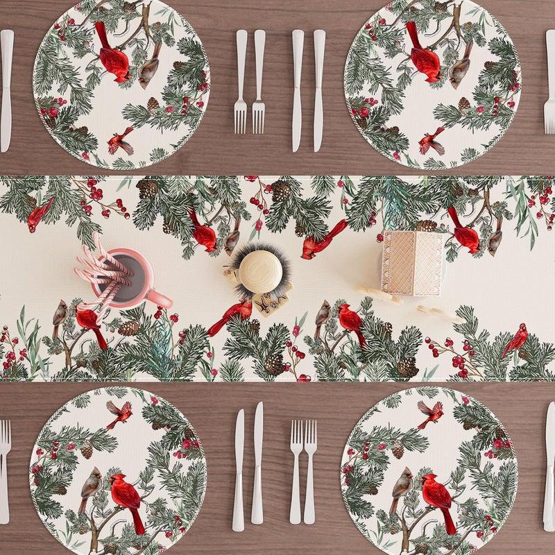 XCHI Cardinal Birds Winter Pine Tree Christmas Xmas Round Placemats Set of 4 Table Mats for Party Home Kitchen Dining Table Decorations 14x14 Inch - Image 2